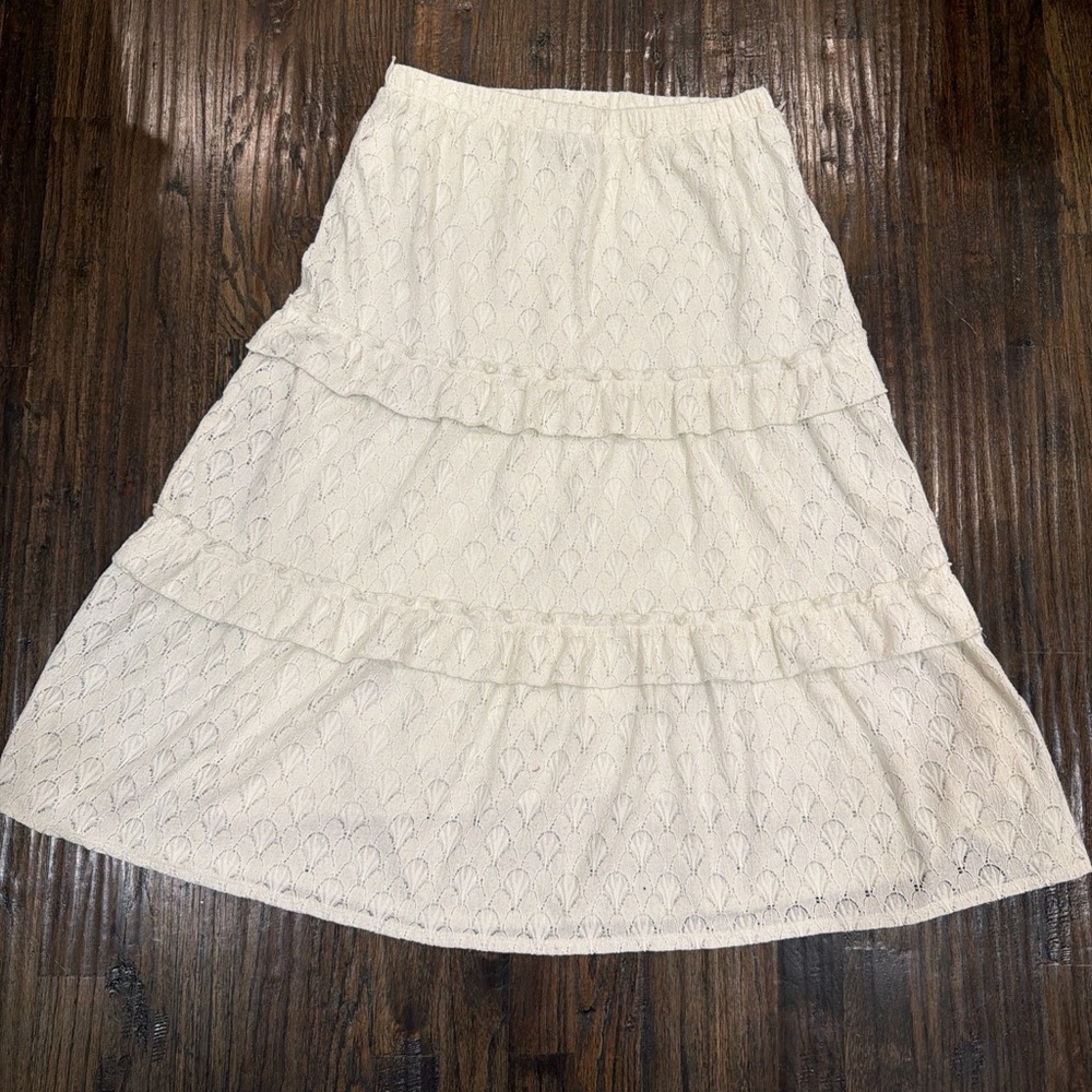 Cream Tiered Lace Midi Skirt with Elastic Waist
